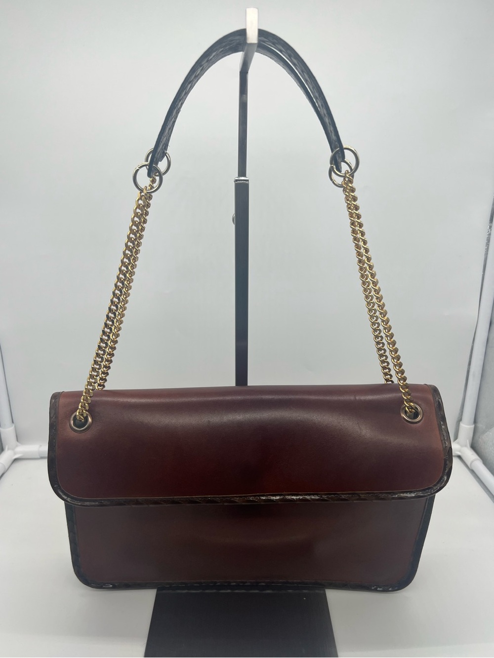 CHARLES JOURDAN VINTAGE Made in France Brown Leather Snakeskin Chain ShoulderBag